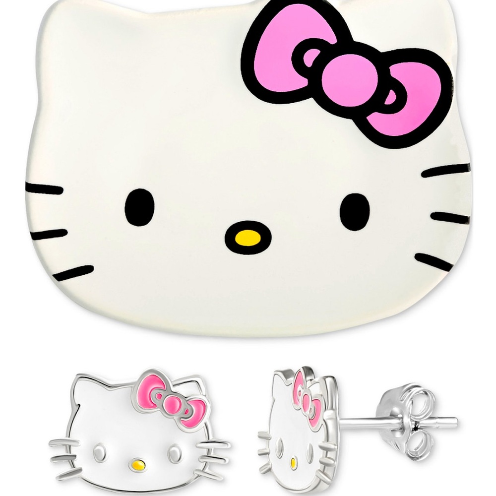 New Hello Kitty 2-Pc. Set Enamel Kitty Stud Earrings in Sterling Silver & Dish